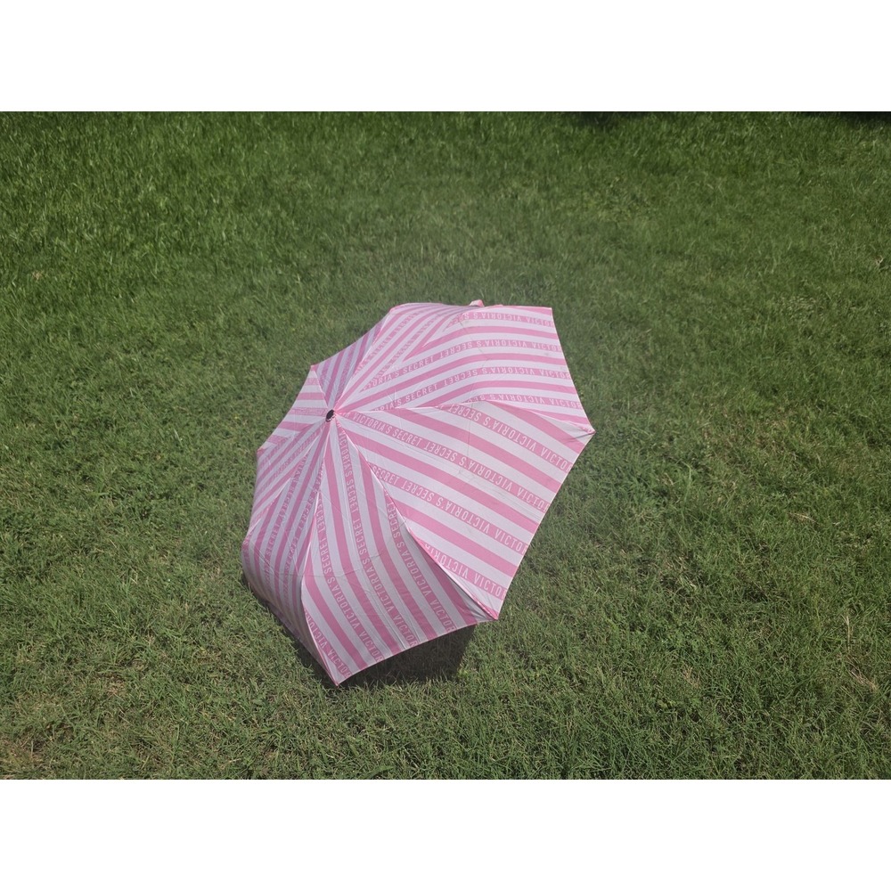 Victoria's Secret Compact Travel Umbrella Pink White Striped Logo
